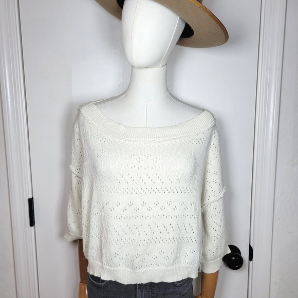 Free Free People Cream Distressed Cropped Sweater M/L Boho Fall Cotton - Picture 2 of 7